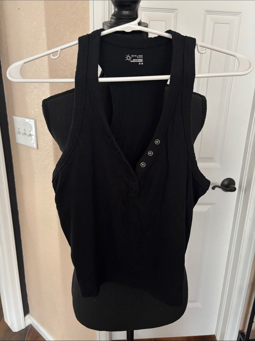 OFFLINE Black Ribbed V-Neck Tank with Snap Detail
